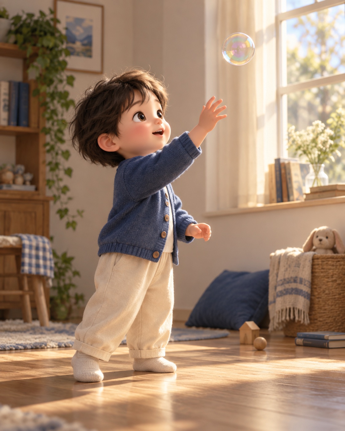 An AI illustration of a child reaching toward a soap bubble in a sunlit room